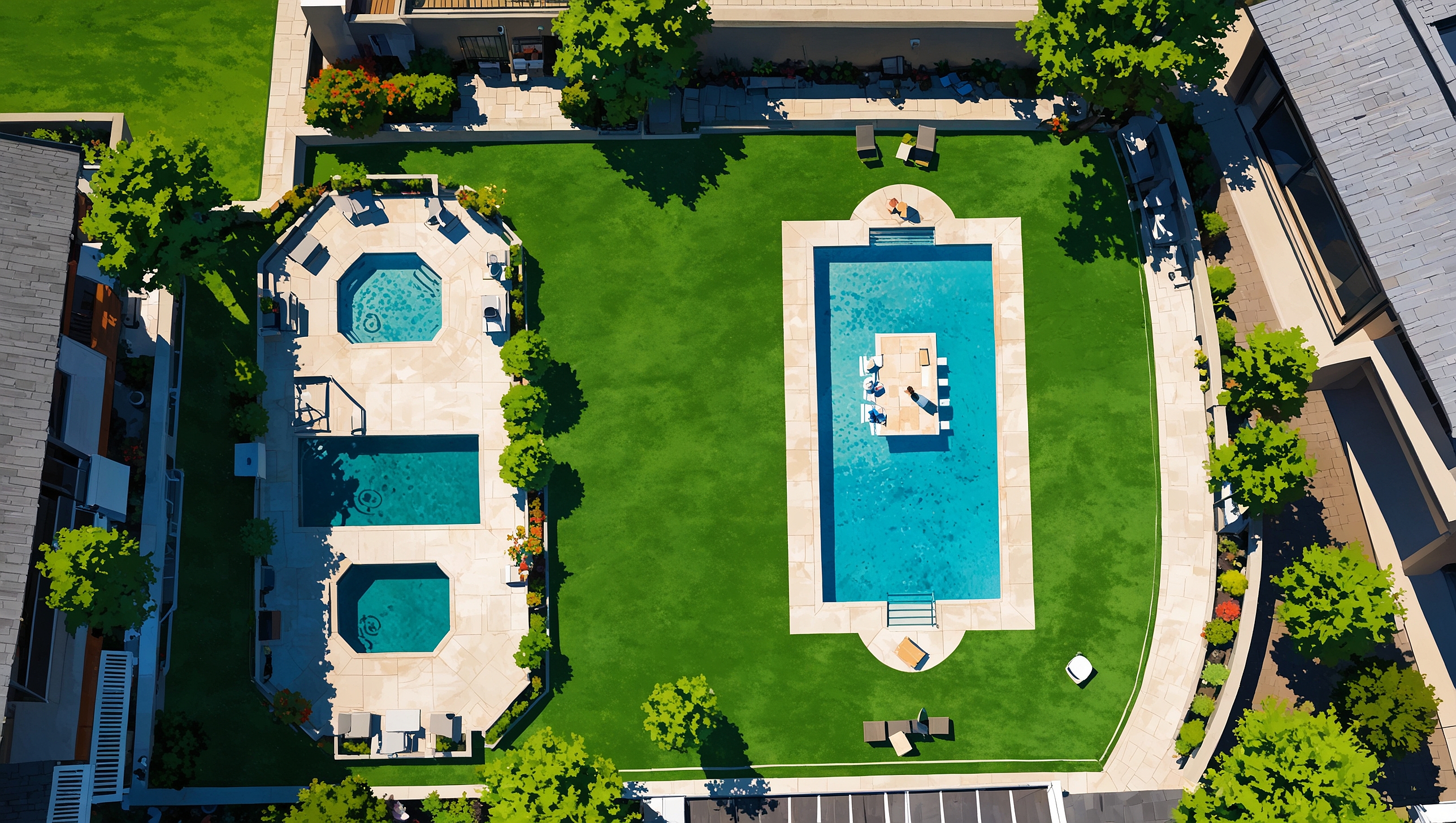 Beautiful modern backyard with pristine artificial turf